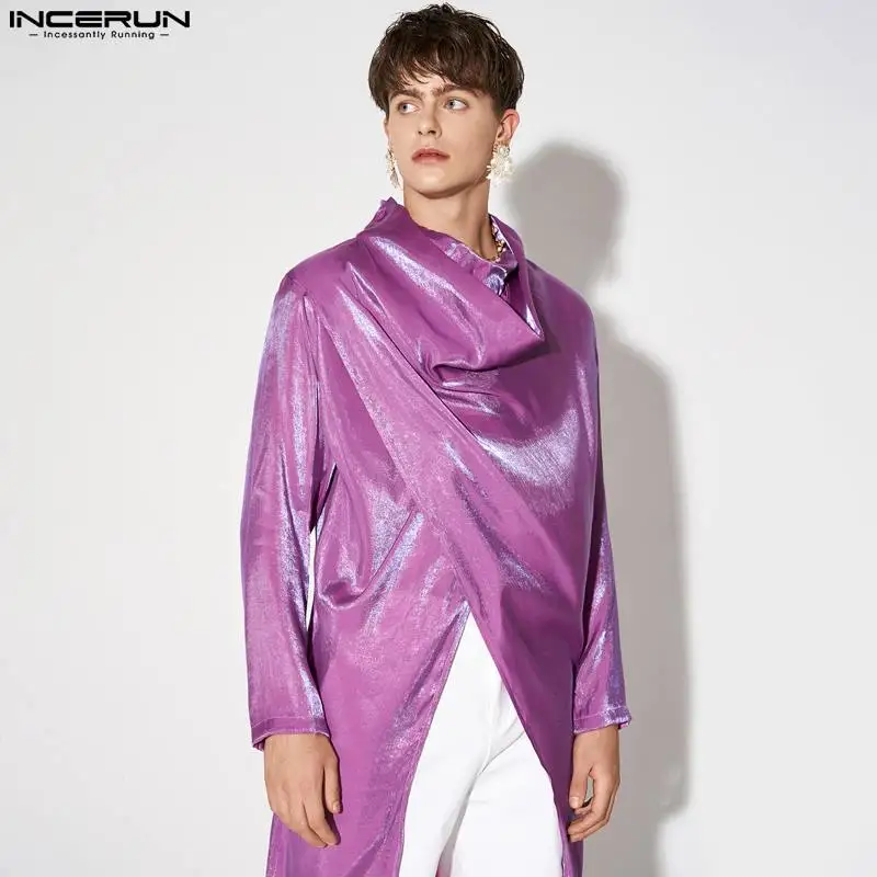 

2023 модная мужская футболка с высоким воротником и длинным рукавом, однотонная Асимметричная длинная стильная футболка, Мужская Уличная одежда, блестящие футболки, зимняя одежда