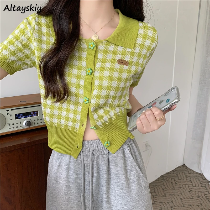 

Cardigan Women Sweet Thin Summer Crop Short Sleeve Ulzzang Fashion Elegant Plaid Girls Harajuku All-match Daily Design Retro New