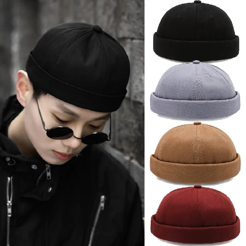 

Vintage Men's Summer Cotton Brimless Skullies Cap Solid Color Street Portable Docker Hats Multipurpose Beanie Hat Hip Hop Hats