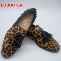 loubuten leopard print horsehair leather mens dress shoes fashion tassel shoes patchwork spikes loafers for men