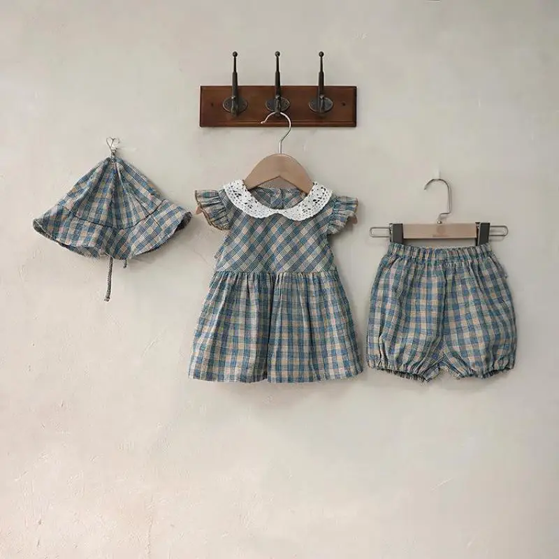 

Cute Baby Girl Fashion Plaid Lace Collar Flying Sleeves Dress + Loose Comfortable Cotton Pp Shorts And Sun Protection Hat Set