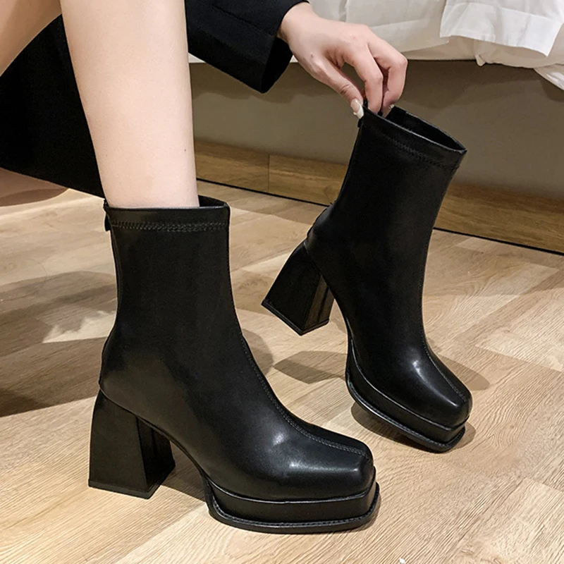 

Lucyever Fashion Square Heels Ankle Boots for Women 2022 Autumn Pu Leather Platfrom Botas Woman Back Zipper Short Boots Ladies