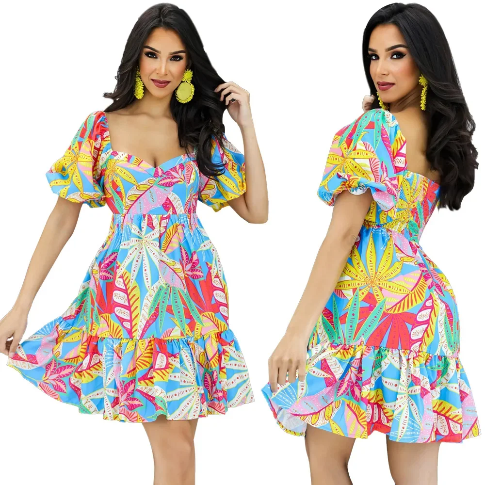 Элегантное повседневное женское платье с принтом и рукавами-фонариками в