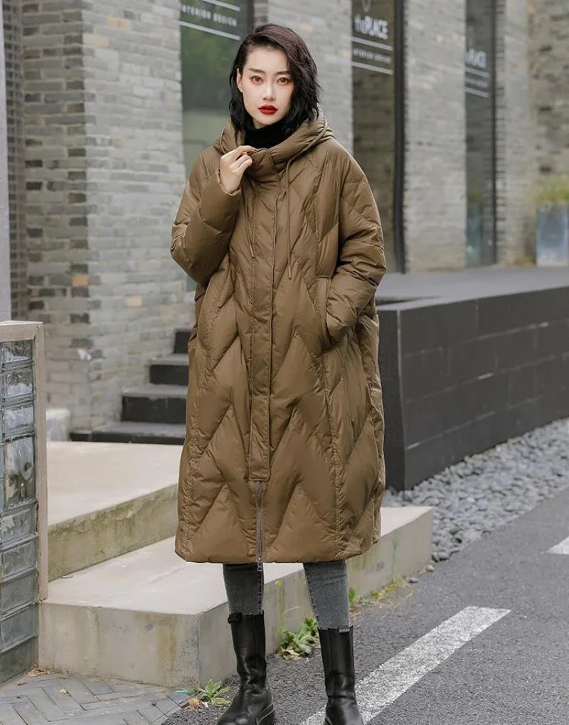 

Женское Свободное длинное пальто, куртка на 90% белом утином пуху, Женское зимнее пальто 2023, зимние Пуховые парки с капюшоном и перьями