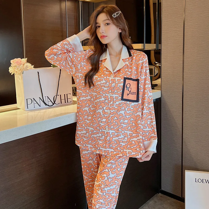 Autumn New High-Grade Elegant Pajamas Women's Fashionable Thin Artificial Silk Long-Sleeved Trousers Homewear Suit