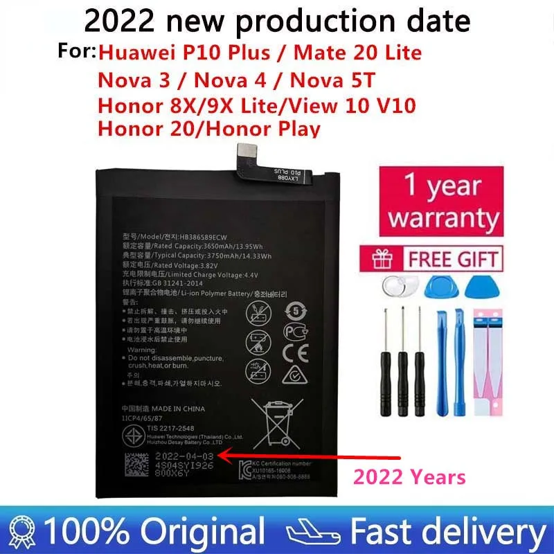 100% Original HB386589ECW For Huawei P10 Plus Honor 8X 9X Lite 20 Play View 10 Mate 20 Lite Nova 3 4 5T Battery Batteria