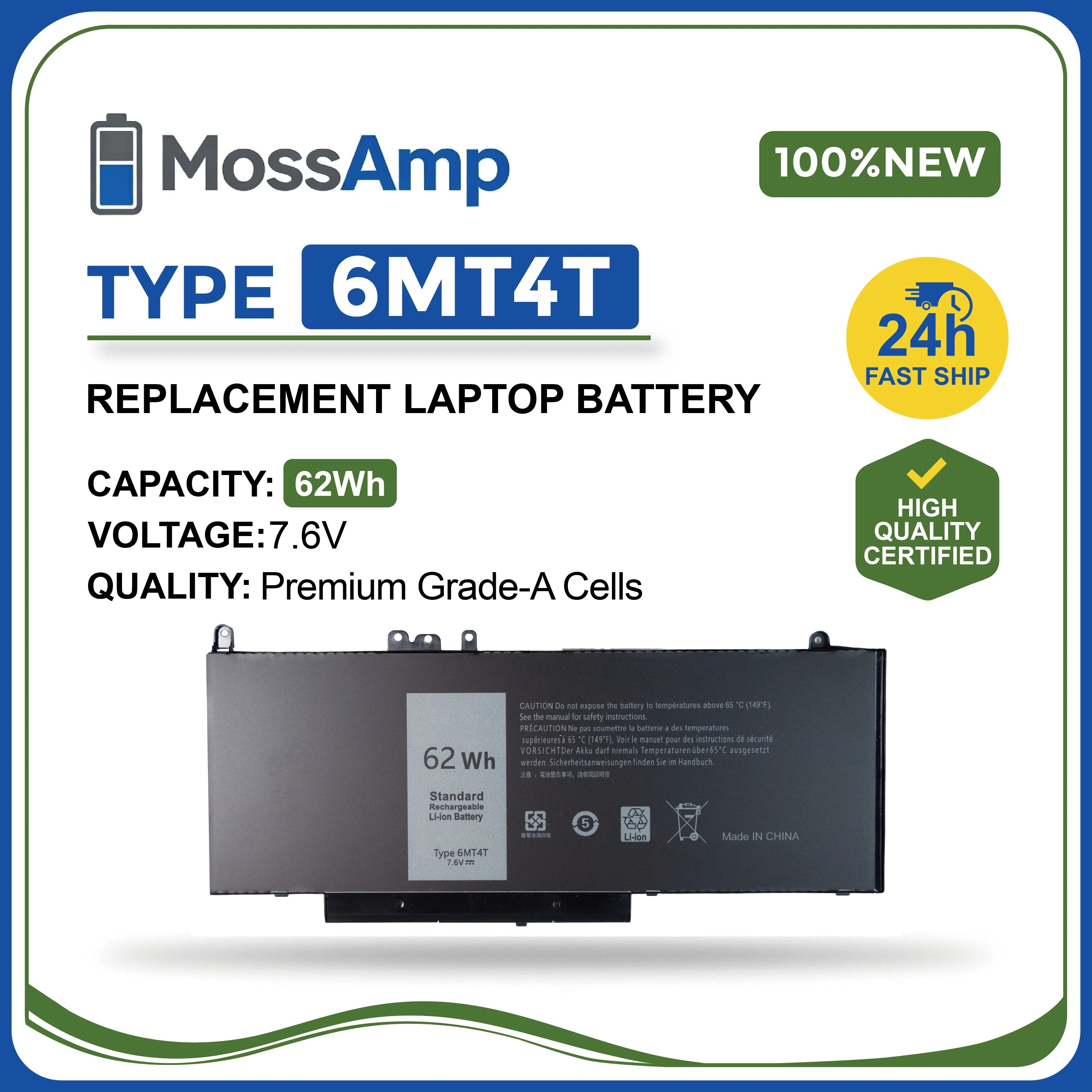 Фото Аккумулятор для ноутбуков MossAmp 7.6V 62WH 6MT4T для Latitude E5470 E5570 E5270, Precision 3510 P62G P48F, 7V69Y TXF9M 79VRK HK6DV 451-BBTX №1