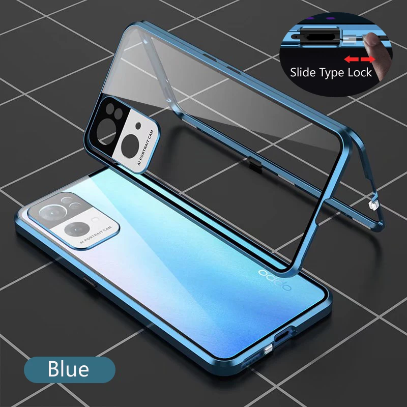 

Metal Double Sided Glass Snap Lock Phone Case 360 Full Protection For OPPO Reno 8 Pro 8T 7 Pro 6 Pro 5G Lens Protection Cover