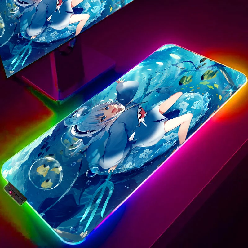 

Игровой коврик для мыши Gawr Gura RGB, Легкий режим, расширенный компьютерный коврик для клавиатуры, светодиодный высокопроизводительный коврик для мыши, оптимизированный Nakiri Ayame