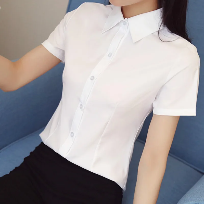 

White Top Slim Fit Women Shirt Button Up Short Sleeve Summer Office Lady Work Tops Business Shirts Blusas Femininas Elegante