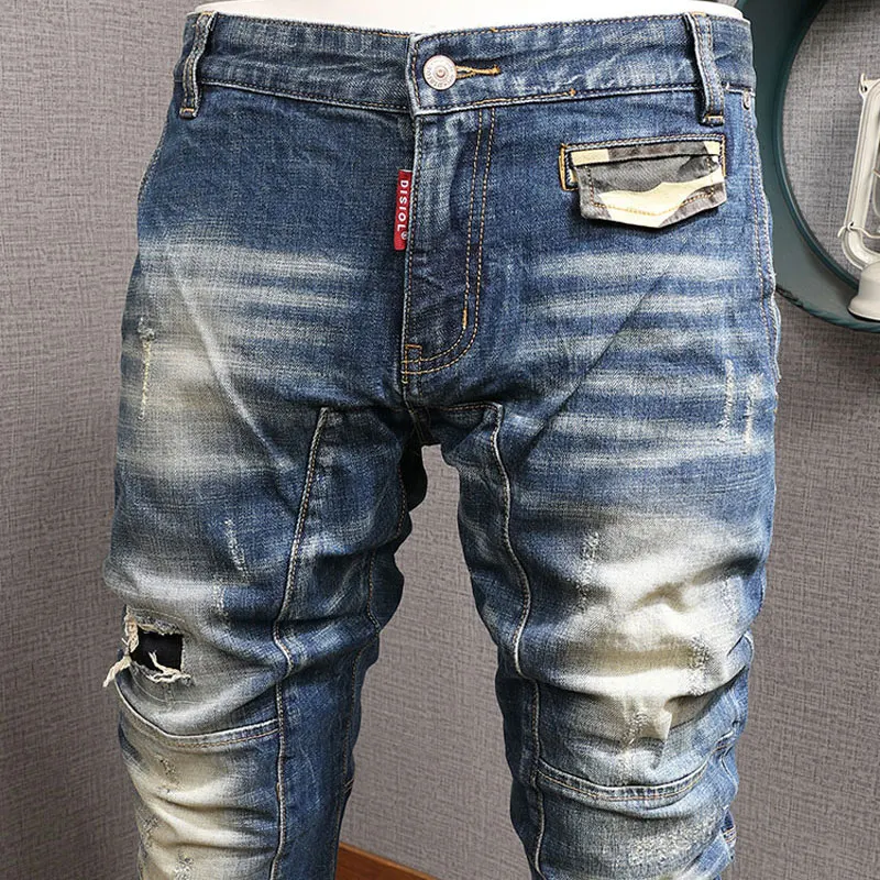 Fashion Streetwear Men Jeans Retro Washed Blue Elastic Slim Fit Ripped Jeans Spliced Designer Hip Hop Denim Biker Pants Hombre