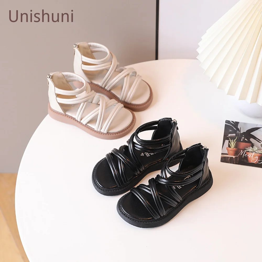 Unishuni Children Casual Shoes Cross Strap Sandals for Girls Princess Ankle Sandal with Back Zipper Black Beige Gladiator Sandal