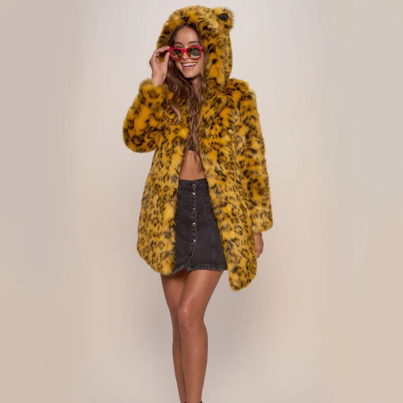 Women's Fur Leather Fur Coat Yellow Leopard Print Faux Fur Coat Female Hooded with Ears Cartoon Plush Coat Faux Fur Coat