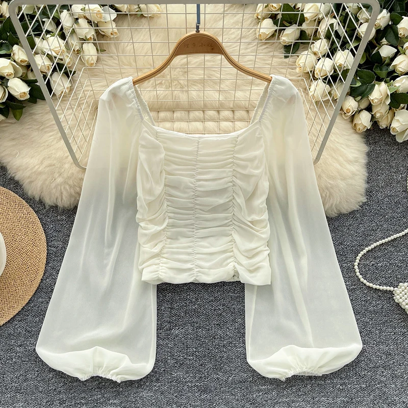 Женская однотонная блузка с квадратным вырезом и длинным рукавом