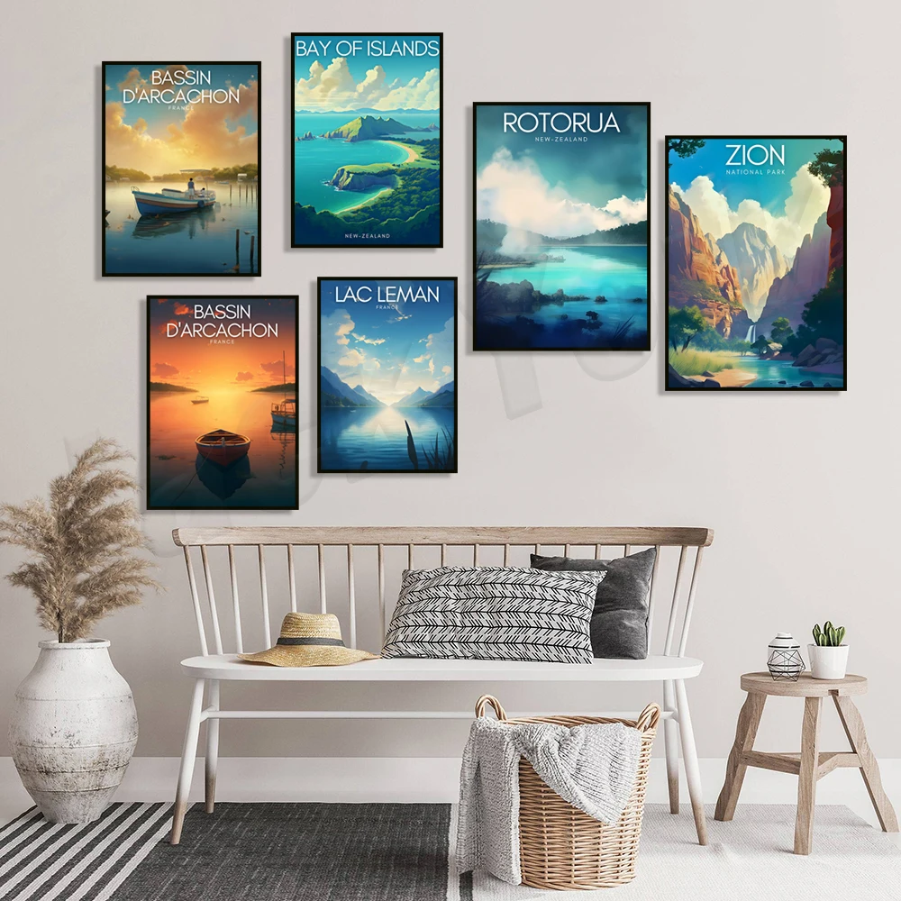 Прованс, Франция, ложе Крыльчатого хорька, озеро Женевы, аркасон, роторуа, Новая Зеландия, остров острова, Эль-капитан Зион, постер для путешествий