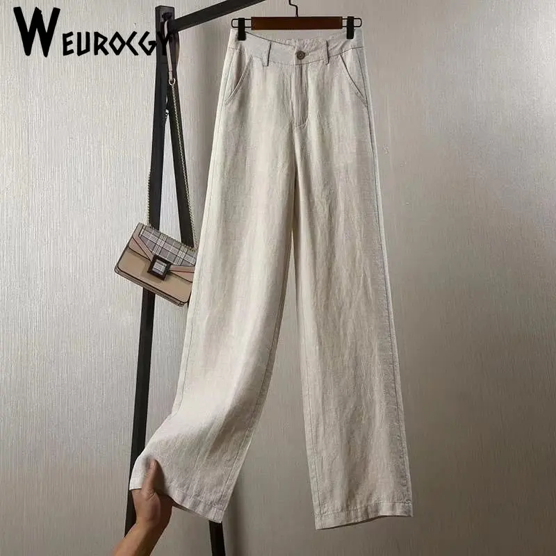 Summer Vintage Loose Straight Trousers High Waist Wide Leg Pants Women Solid Color Casual Cotton Linen Pants Woman Basic Daily