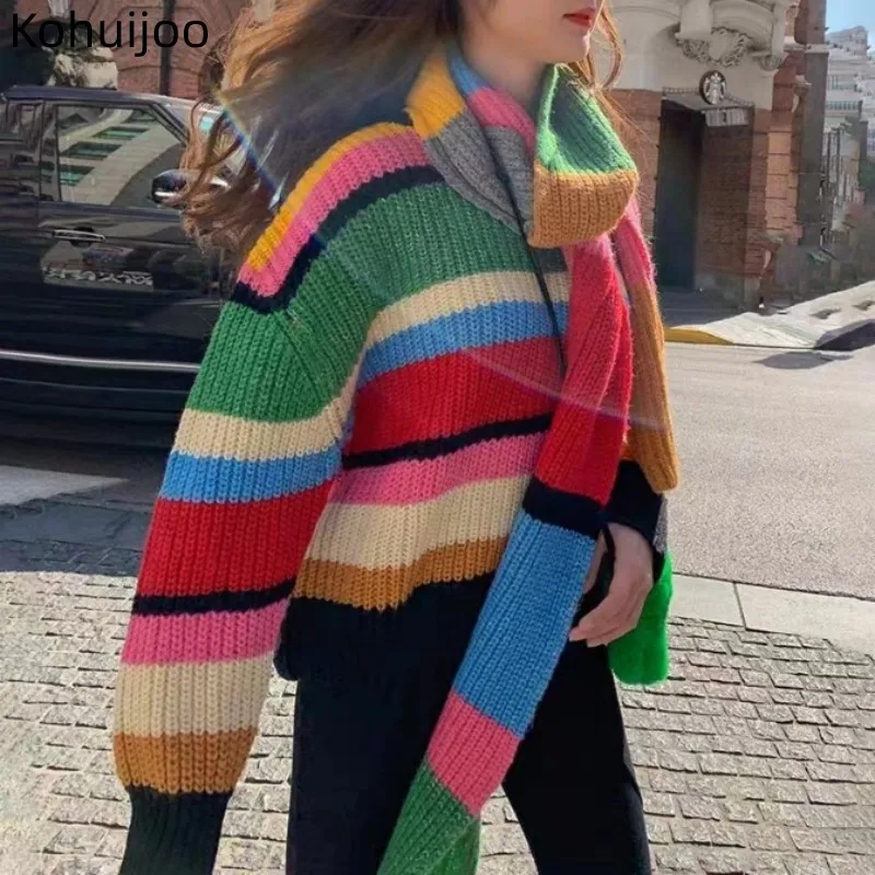 

Kohuijoo Iridescence Women Knitted Sweater with Scarf 2023 Autumn Winter Korean Striped Contrast Color Pullover Sweaters Tops