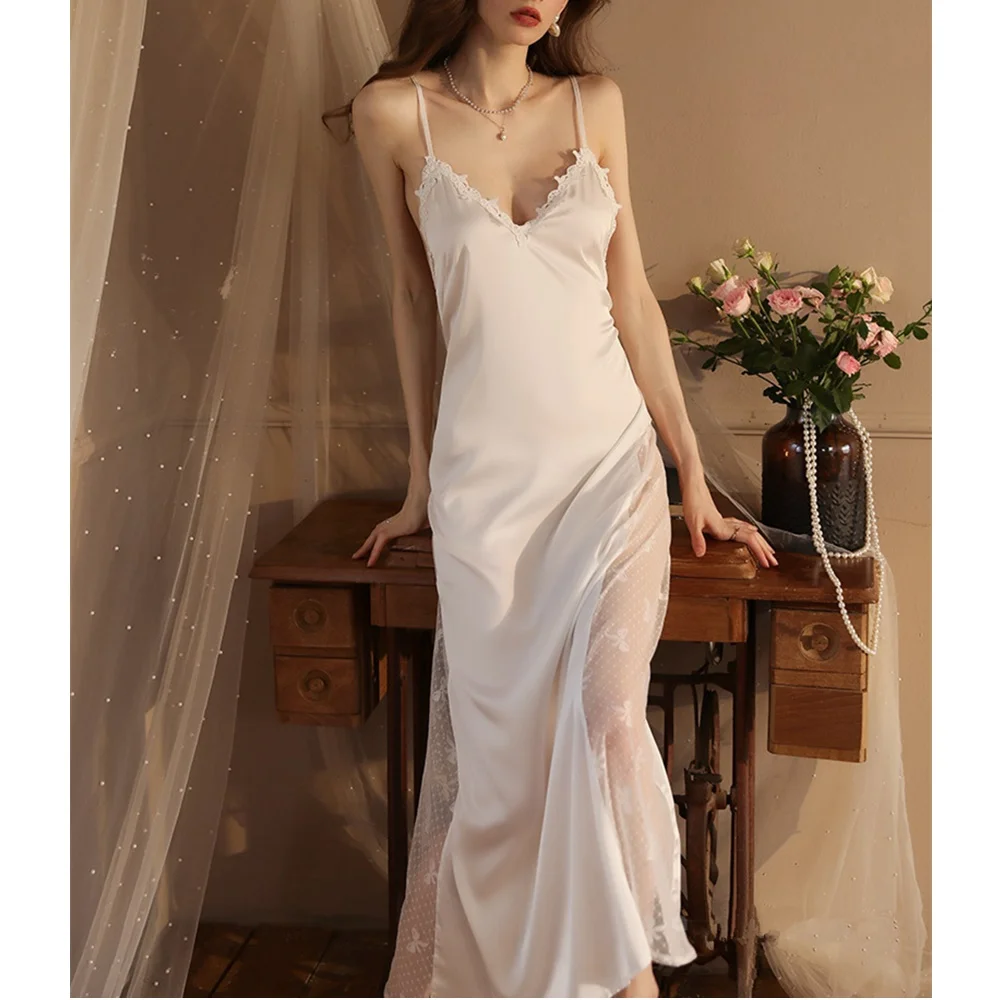 Autumn and Summer Women Sexy Blackless Spaghetti Strap Maxi Nightdress Pajamas Elegant Women V Neck Mesh Ladies Satin Sleepwear