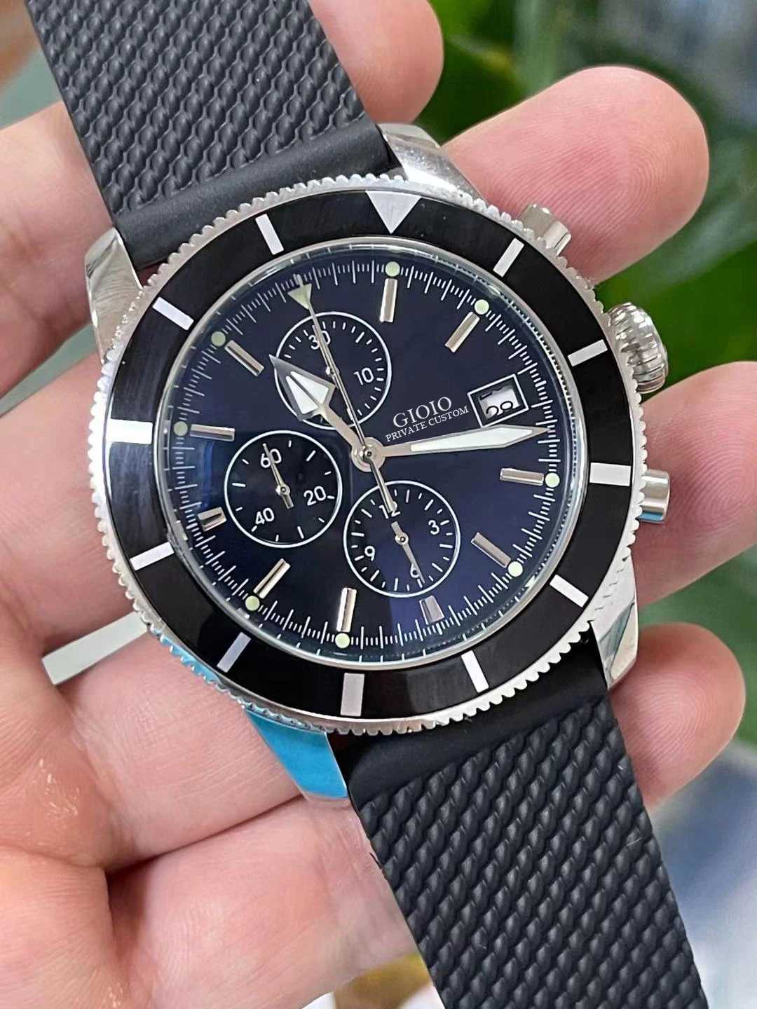 

Black Blue Rubber SuperOcean Mens Watch Ceramic Quartz Chronograph
