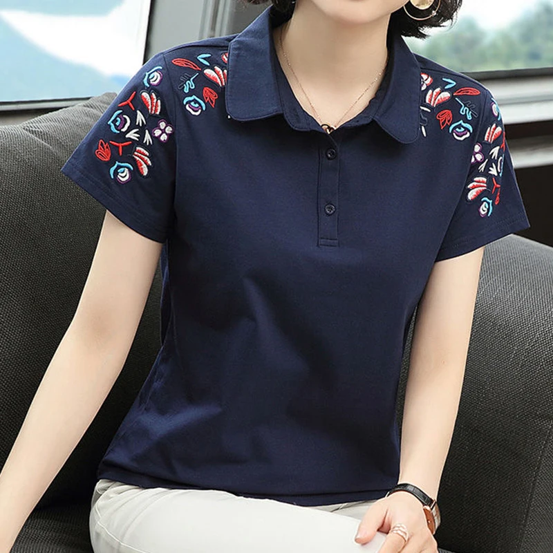 

Women's T-shirt Summer New Short Sleeve Turn-down Large Polo Button Floral Embroidery Casual Tees Female Clothing Tops