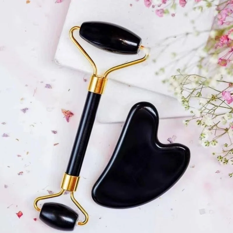 

2PCS/Set Facial Roller Black Obsidian Gua Sha Board Set Face Eye Neck Massage Tools for Skin Care Routine and Puffiness
