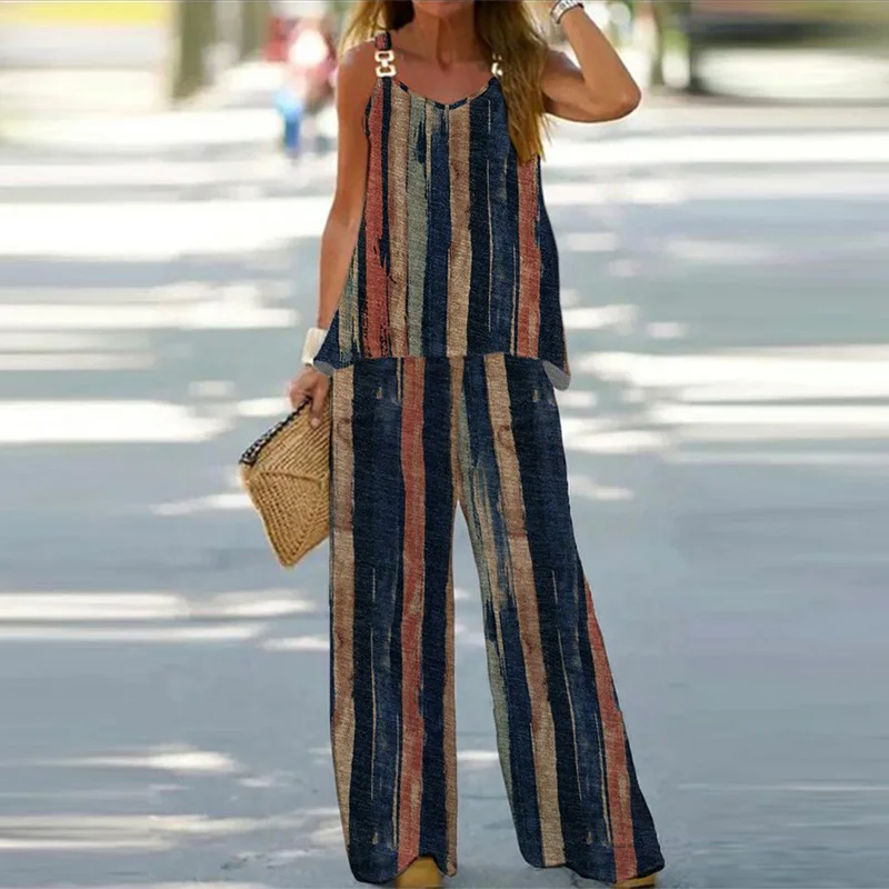 

Vintage Striped Print Harajuku Loose Set Summer Chain Strapsl V Neck Tops Pullover And Long Pants Outfits Women Casual 2pc Suits