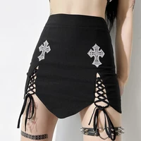 vintage skirt cross dark wind new skirt solid color sexy lace pleated skirt black skirt punk skirt harajuku skirt gothic skirt