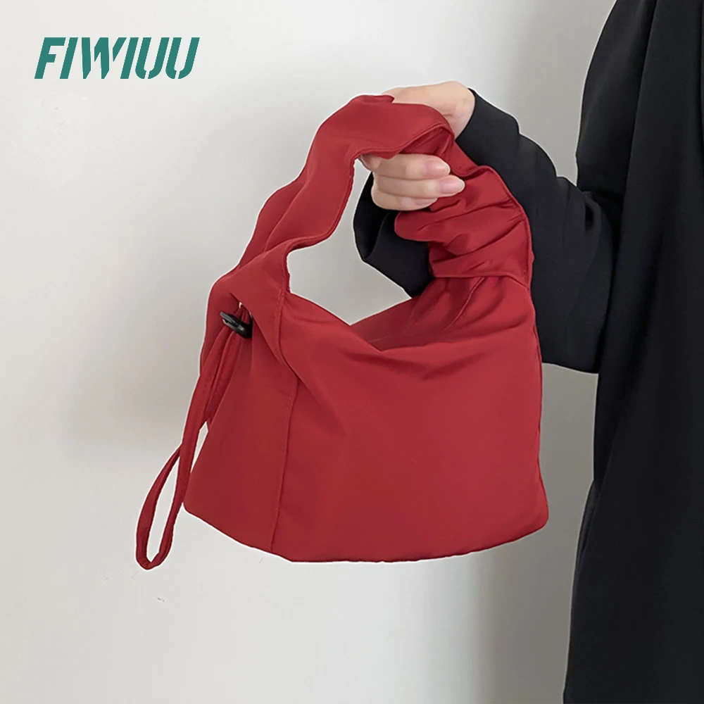 FIWIUU Women Pleated Drawstring Bag Handbag Hobo Purse Clutch Bag Macaron Frame Zipper Soft Clutch Pouch Waterproof Bag