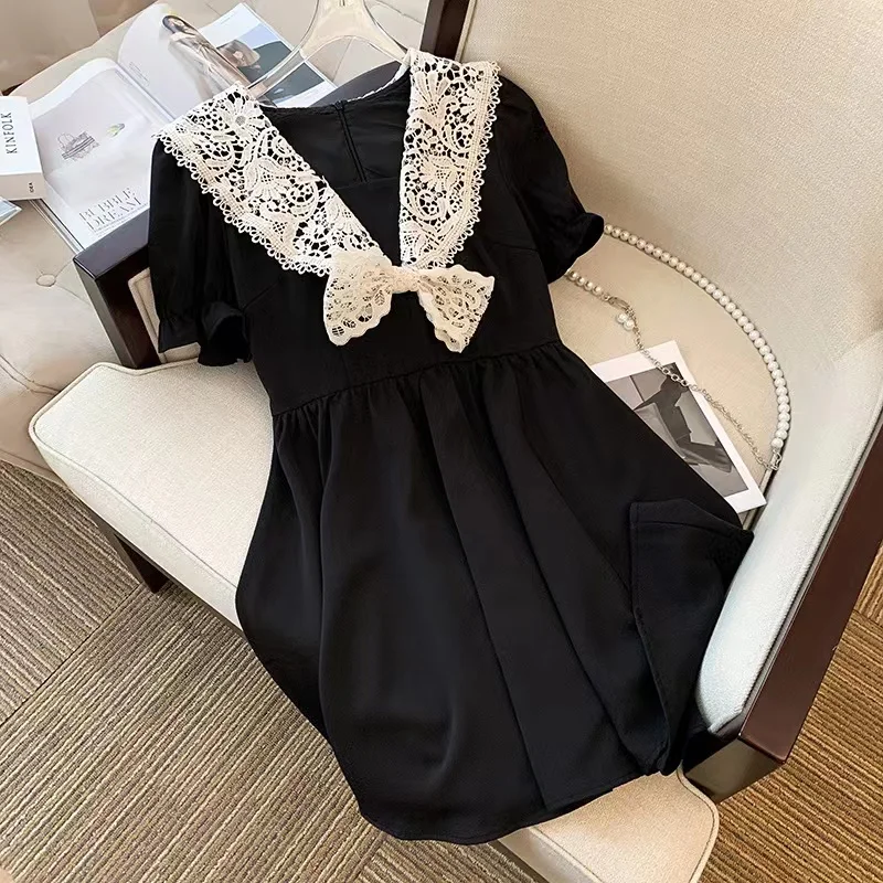 

Summer Vintage Women Hepburn Flannel V Neck Dresses Puff Short Sleeve Sexy Party Elegant Frocks Lace Patchwork Dress