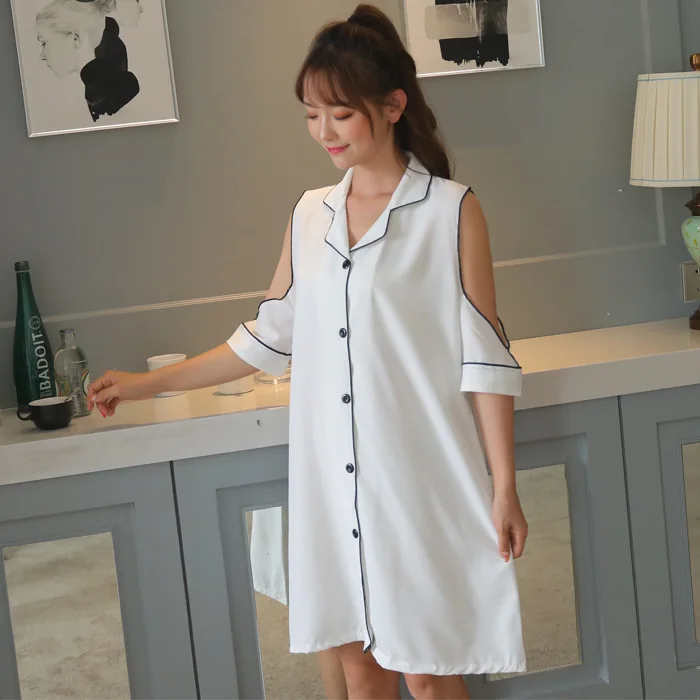 White Strapless Nightdress Women 2021 Half Sleeve Strapless Casual Sexy Rayon Thin White Cardigan Shirt Sleepdress Nightwear