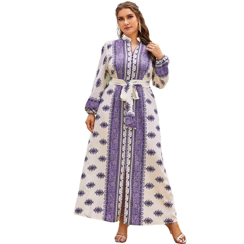 

Women Plus Size Maxi Dresses Long Sleeve Muslim Party Evening Festival Clothing Fashion V-Neck Long Large Swing Blue Print Dress