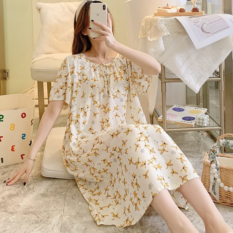 

Fdfklak Printed Floral Night Dress Women Short Sleeve Square Collar Cotton Nightgown Loose Comfortable Ladies Nightshirt