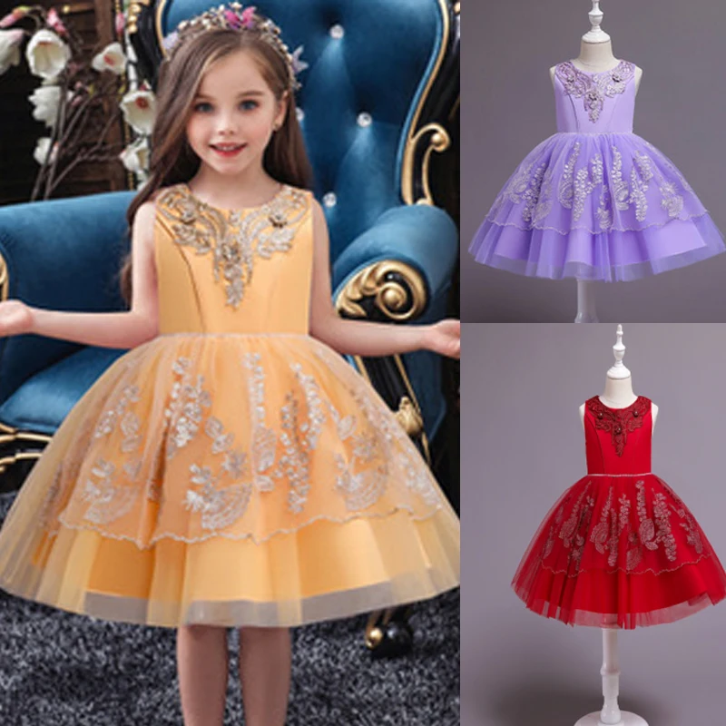 

2-10 Years Baby Girl Princess Dress Girls Party Dresses Solid Plus Children Sleeveless Diamond-embedded 1-piece with Bowknot