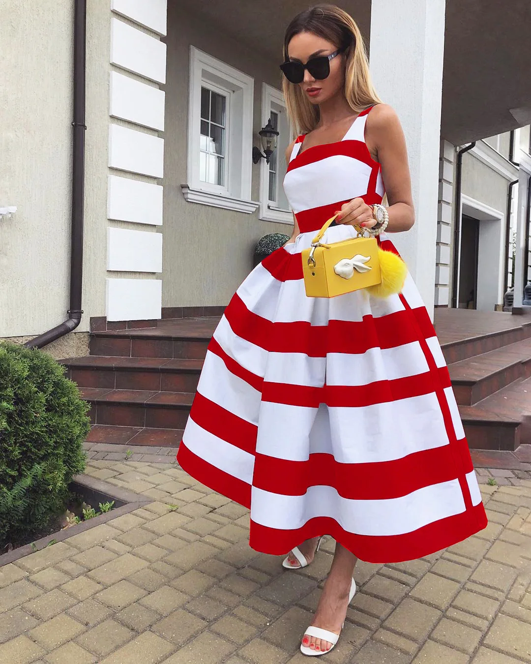 

Women's Elegant Shoulder Long Party New Summer Striped Printed Sleeveless Dress Fashion Fashionable A- Line Sling Beach Dress