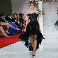 black feather strapless prom dress simple a line tulle applique celebrity dresses sexy backless formal party gown for 2022