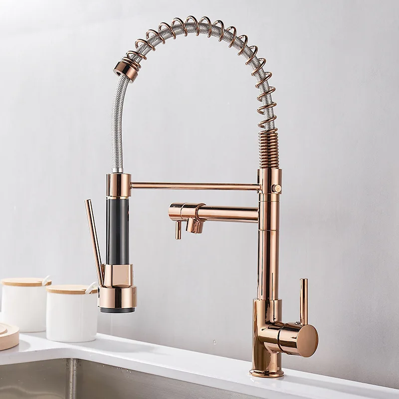Spring Kitchen Faucet SDSN Three Ways Hot Cold Pull Down Kitchen Sink Mixer Tap Rose Gold Dual Spout Spring Kitchen Faucets images - 6