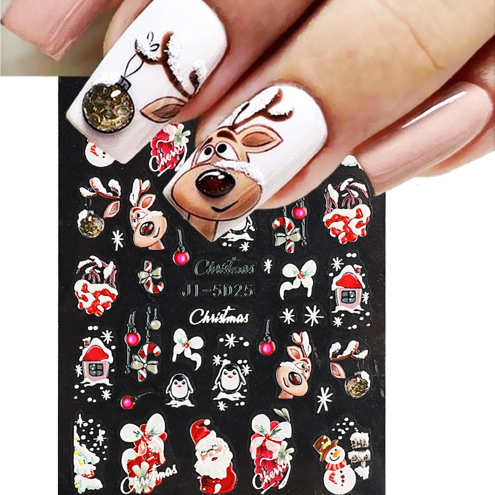 

5D Embossed Christmas Nail Art Stickers New Year Red Santa Claus Tree Penguins Snowman Winter Sliders Girl Manicure Decals NK-1