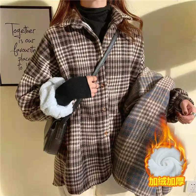 

Autumn Winter Thickened Fleece Plaid Shirts Women Long Sleeve Casual Lazy Style Cardigan Loose Single-Breasted Checked Shirt