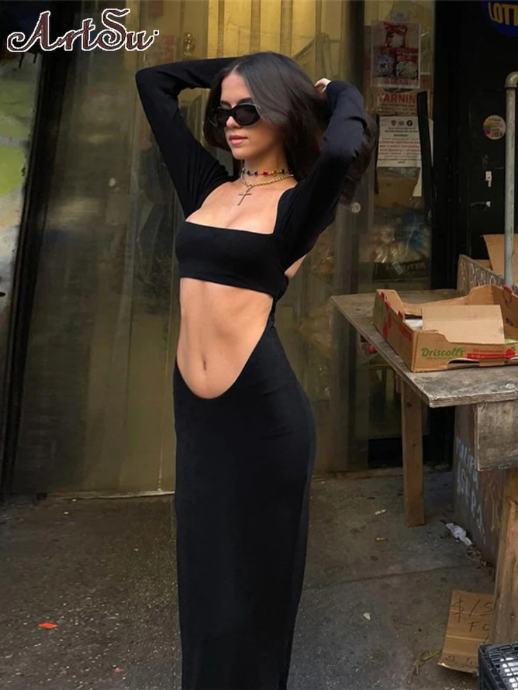 

Элегантные вечерние платья для женщин с длинным рукавом, открытое облегающее платье макси, Осенние сексуальные наряды 2023, модные новые черные платья