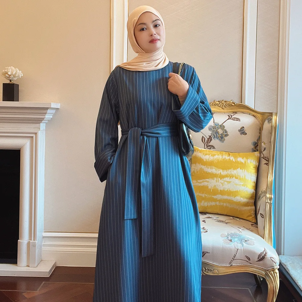

Satin Abaya Muslim African Long Dress Women Belted Fashion Hijab Stripe Robe Islamic Dubai Turkish Modesty Kaftan Arabic Ramadan