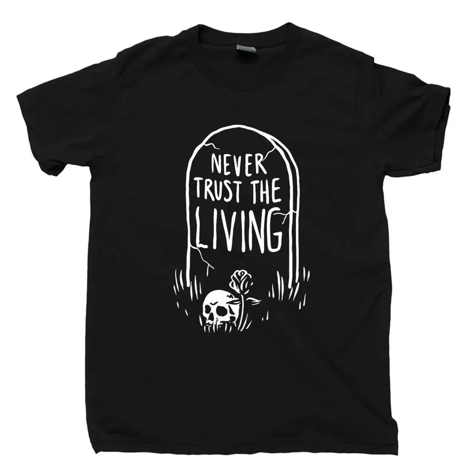 Фото Футболка Never Trust The Living с принтом: надгробие, череп, скелет, гроб, могила, RIP. Винтажная, с эффектом потертости, мужская, эластичная, универсальная, мягкая, модная. №1