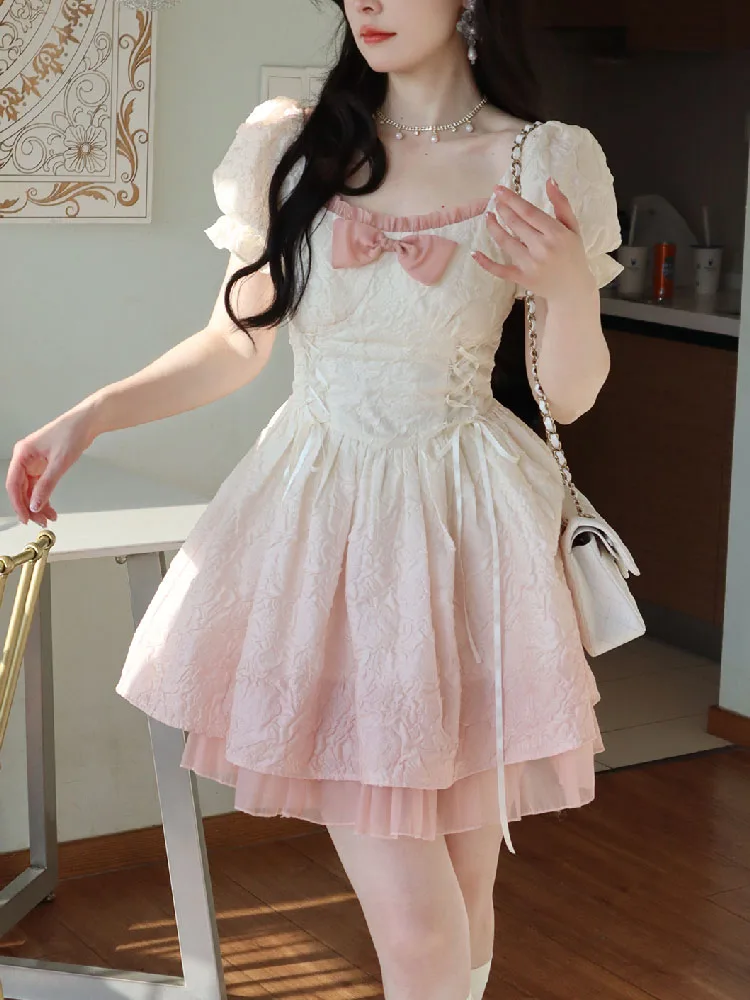 

Japanese Sweet Women Lolita Style Princess Dress Summer Square Collar Bandage Party Mini Dress Puff Sleeve Bow Kawaii Dress 2023