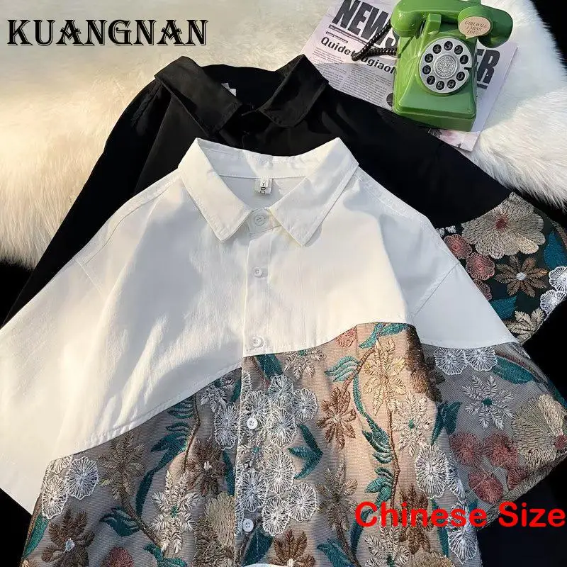 

KUANGNAN Embroidery Social Shirt Men's Fashion Male Shirts for Mens Clothing Clothes Luxury Top Sale Korean 2XL 2023 Summer