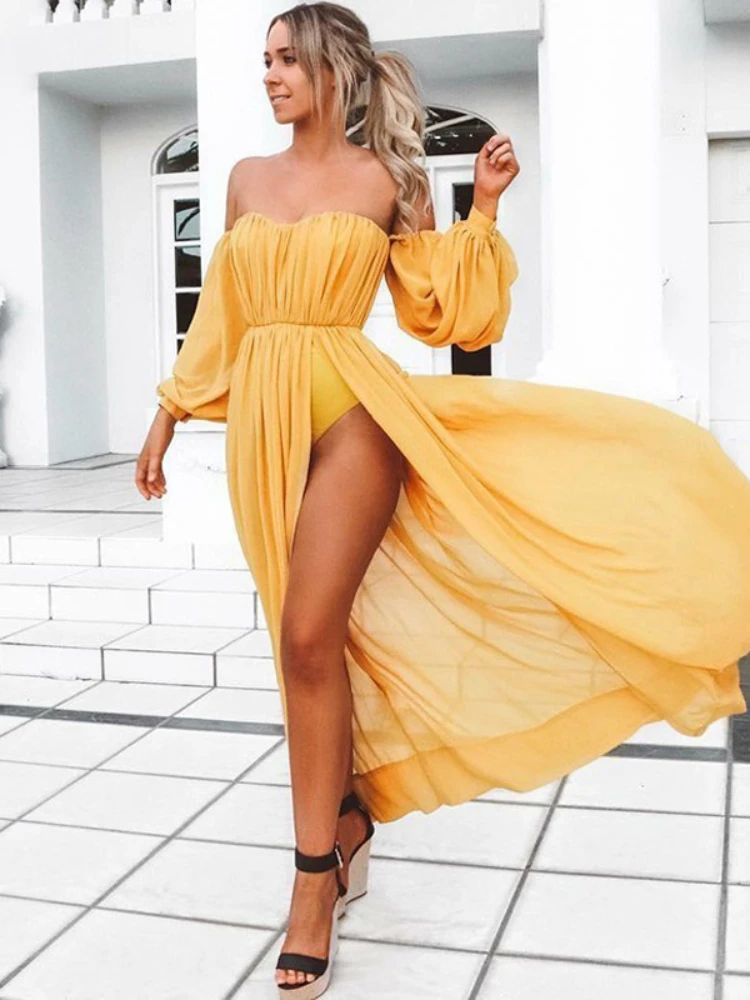 

Женское платье с длинным рукавом, открытыми плечами и высокой талией