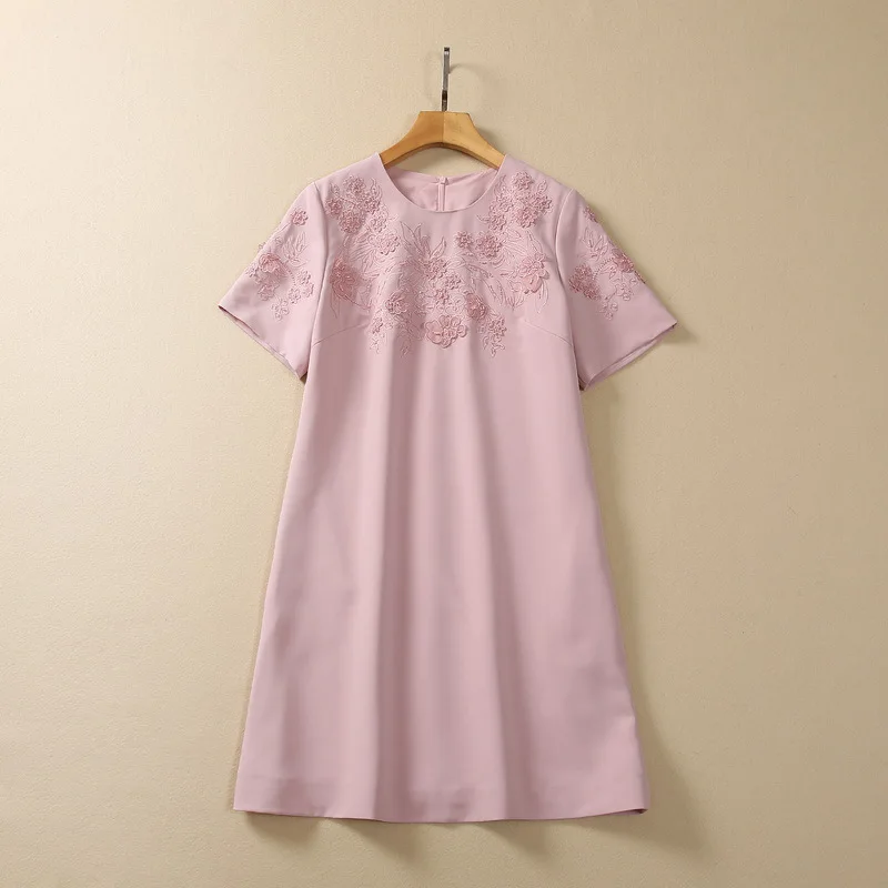 European and American women's dress 2023 summer new style Round neck short sleeve embroidered with beading fashion Loose dress