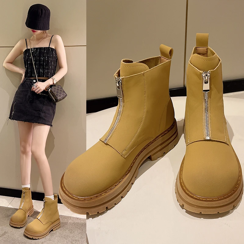 High Heel Nude Boots Ladies New British Women's Boots Retro Fashion Yellow Round Toe Front Zipper Thick Sole 2022