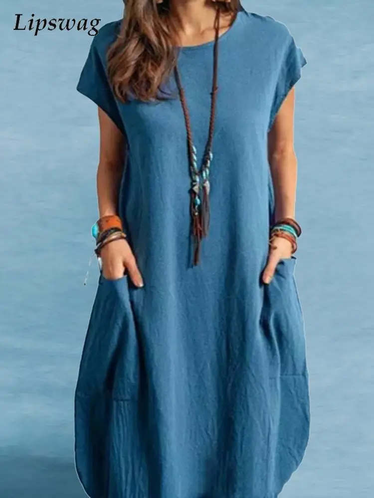 

Женское винтажное платье из хлопка и льна, офисное модное платье-трапеция с круглым вырезом, Повседневное платье миди с коротким рукавом и к...