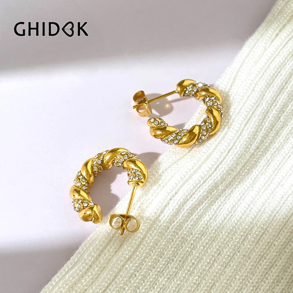

GHIDBK Timeless 18K Gold Plated Cz Crystal Twist Open Hoop Earrings for Women Stainless Steel Croissant Hoop Earrings Chunky