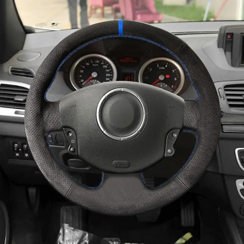 

Замшевый перфорированный кожаный чехол с синей полосой для Renault Megane 2 03-08 Kangoo 2008 Scenic 2 2003-2009, накладка на руль автомобиля