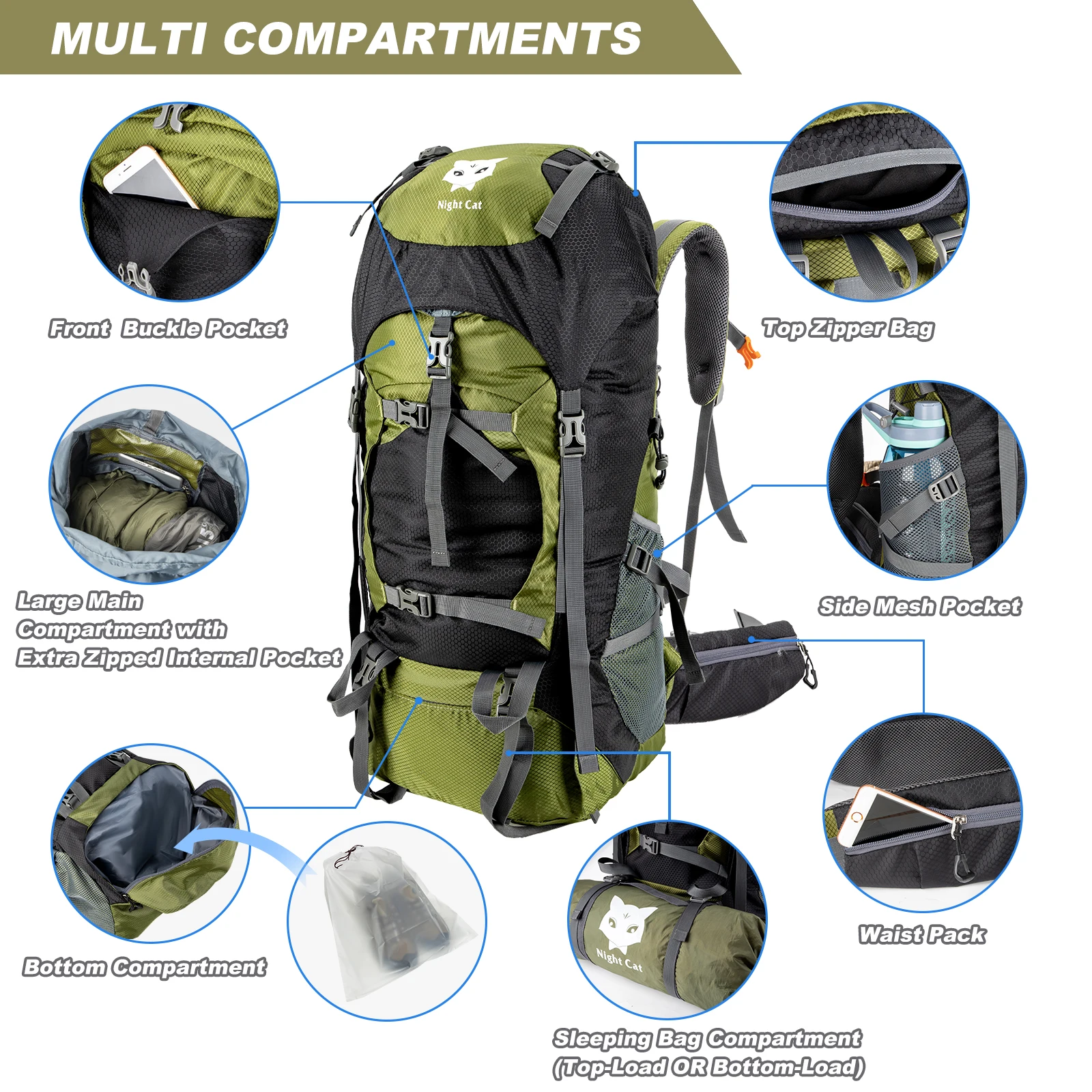 Night Cat Waterproof Camping Backpack Large Capacity Mountaineering Camping Travel Bag Hiking Backpack 70l hiking backpack